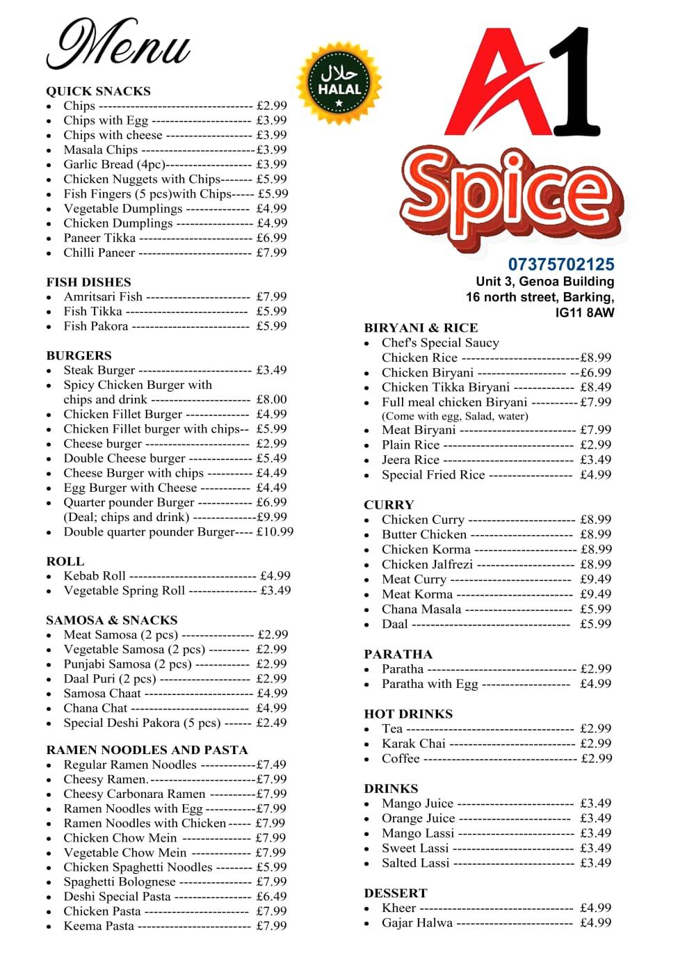 A1 spice menu